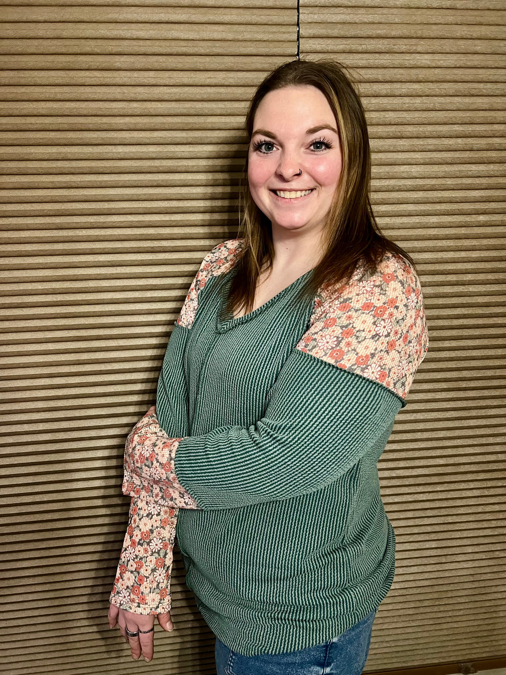 Plus size solid ribbed & floral top