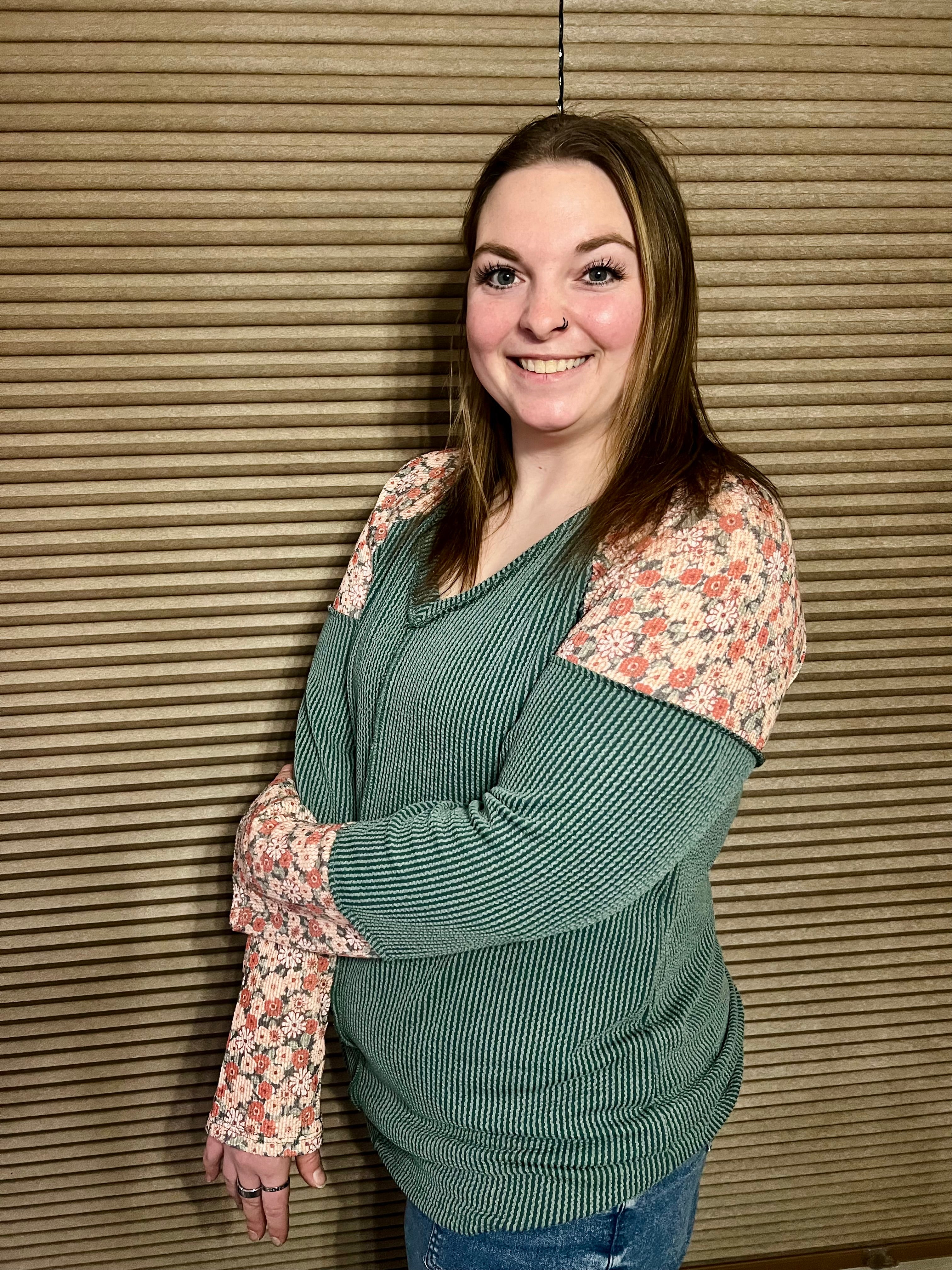 Plus size solid ribbed & floral top