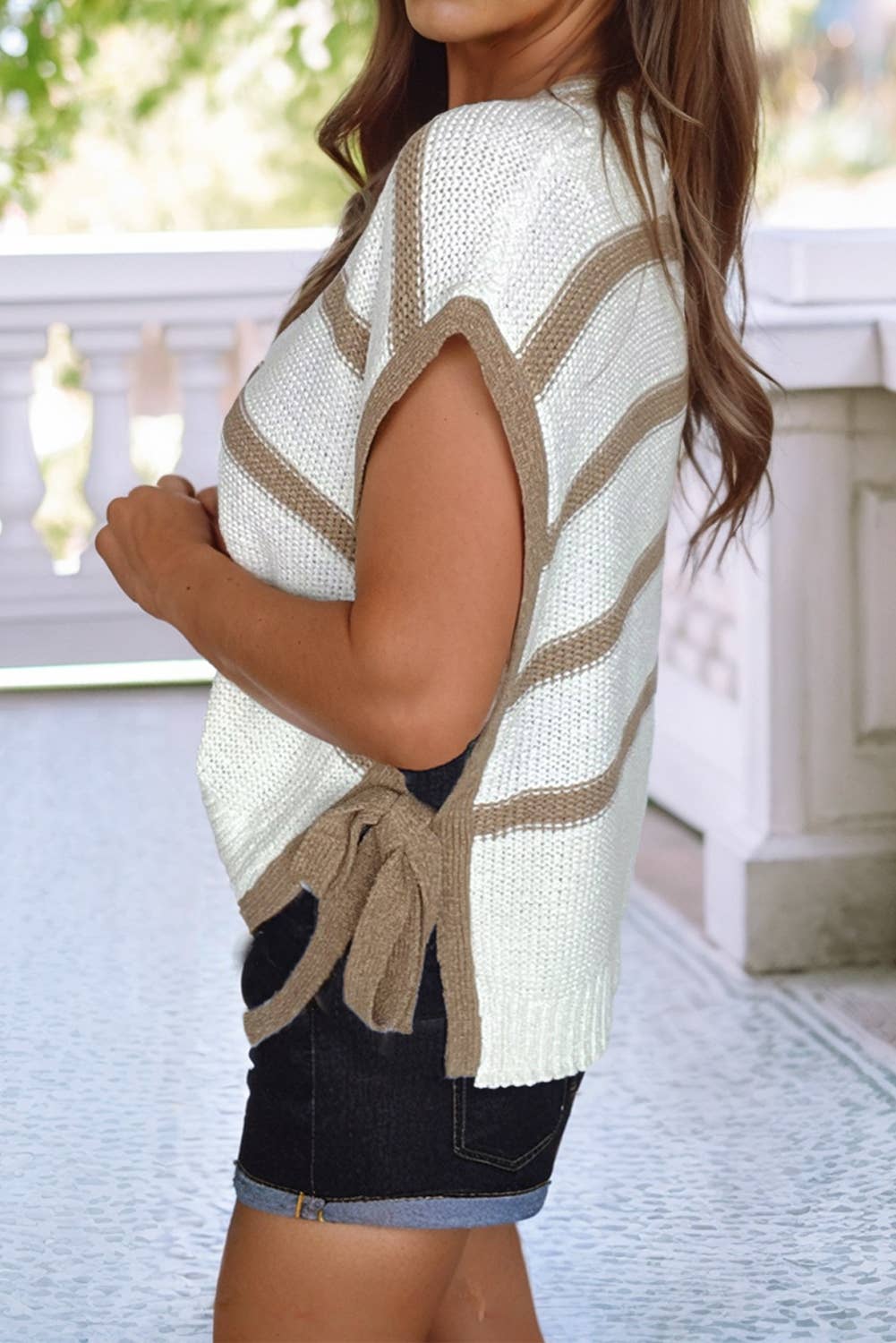 Stripe Round Neck Tie Open Side Sweater Knitted Top