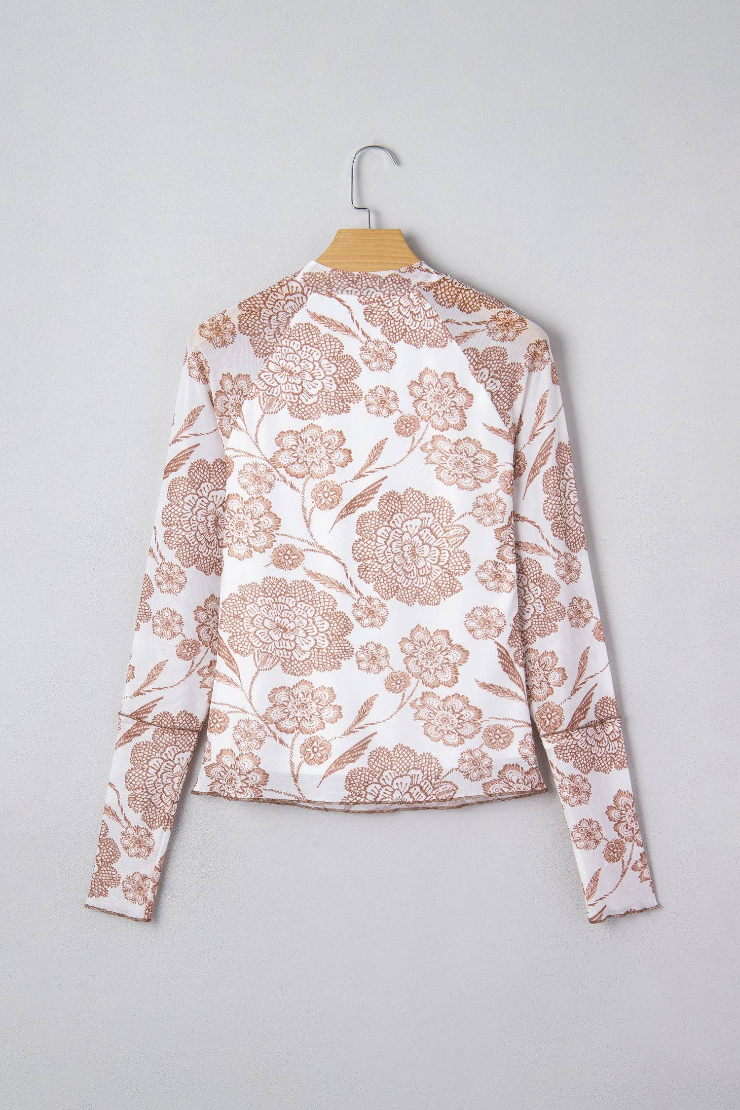 Posey Thumbhole Long Sleeve Floral Print Mesh Top - Brown