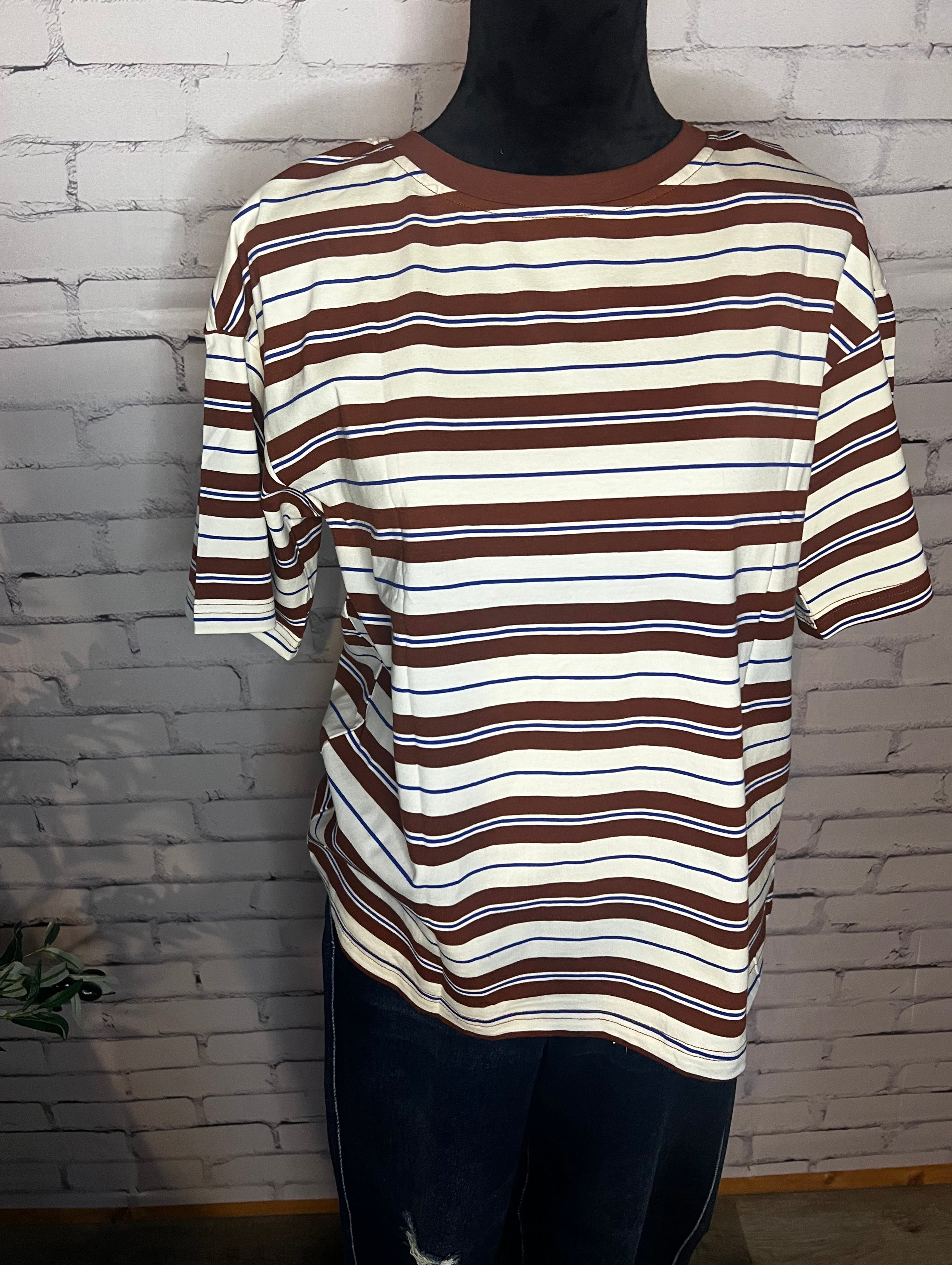 Striped Round Neck Shift Casual Oversized Tee