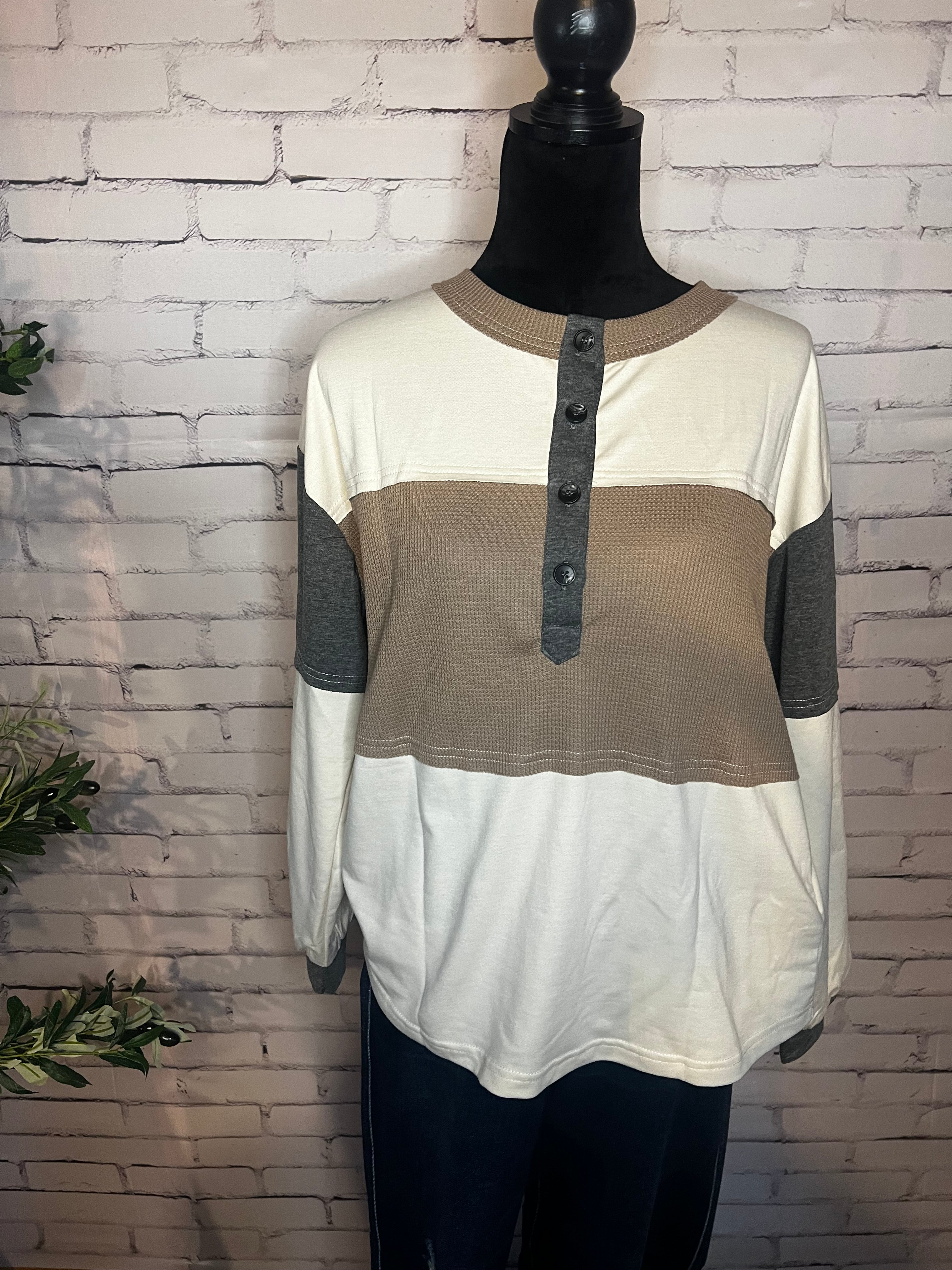 Colorblock Waffle Knit Patchwork Henley Top