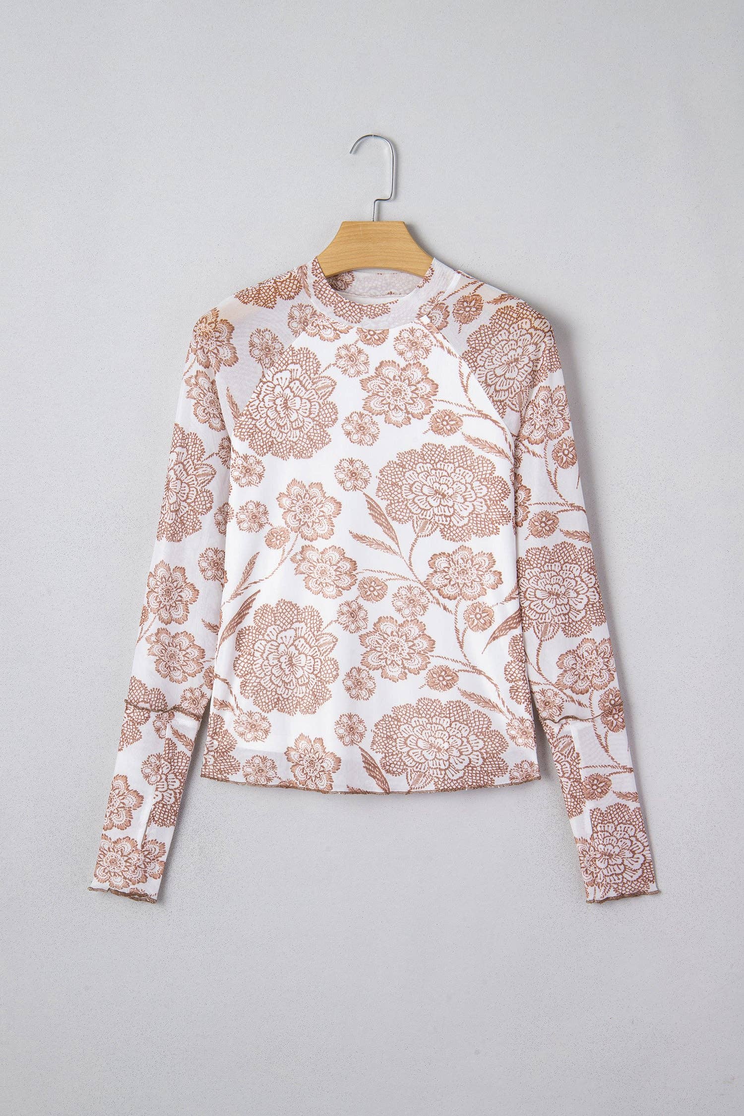 Posey Thumbhole Long Sleeve Floral Print Mesh Top - Brown