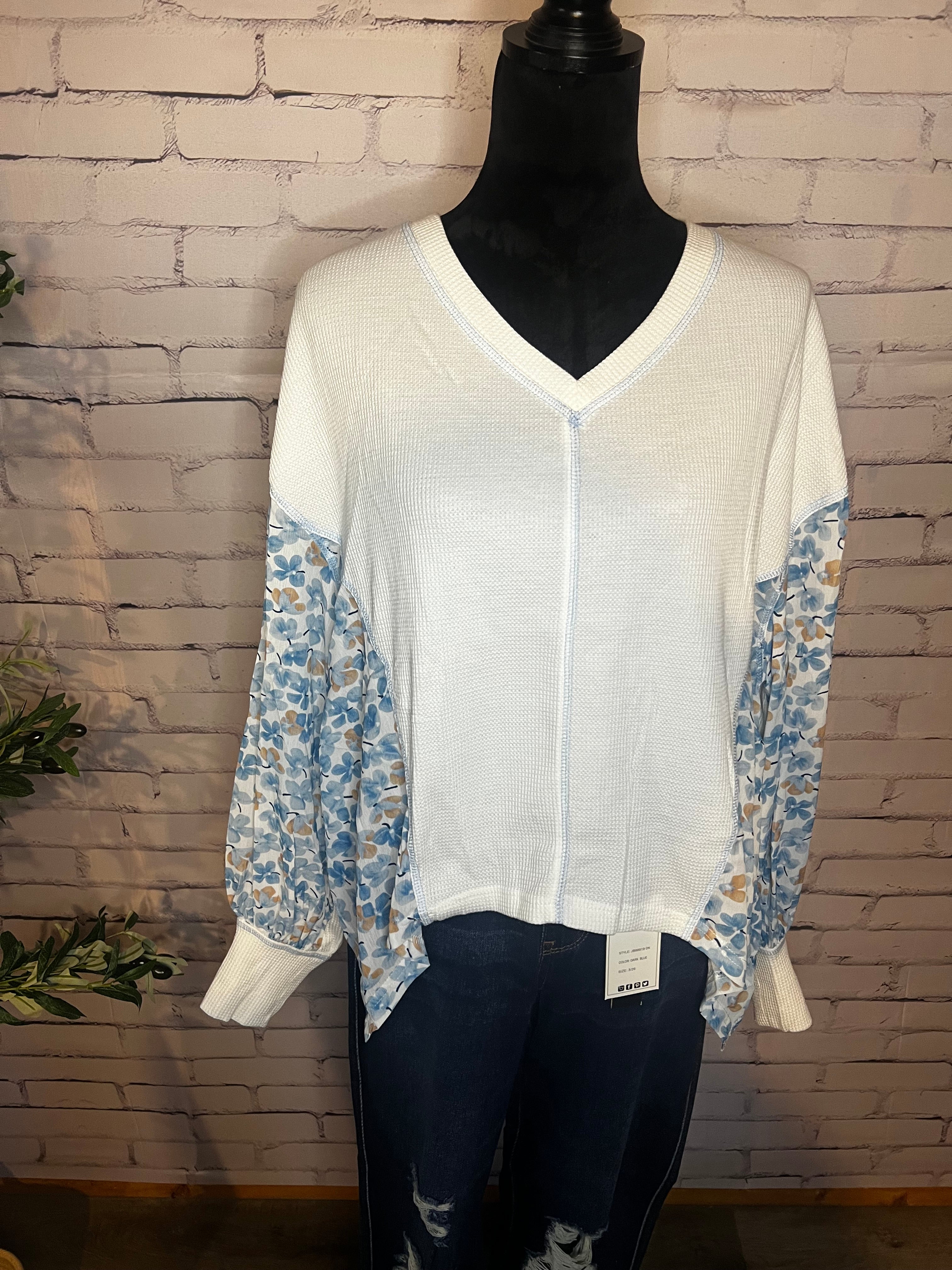 Floral Patchwork Batwing Sleeve V-Neck Blouse