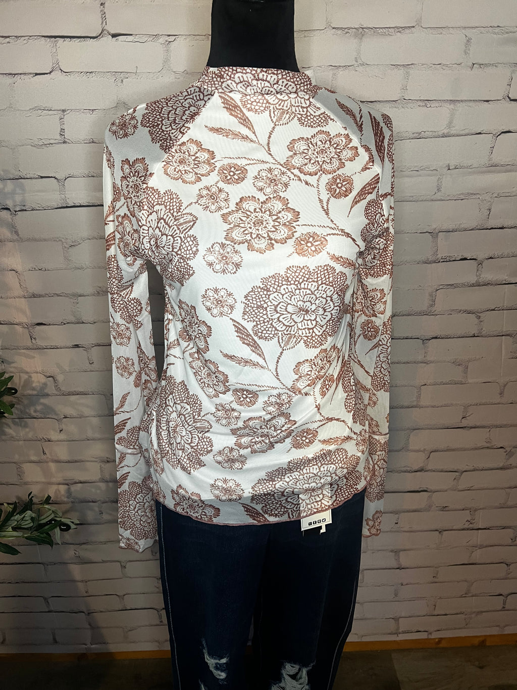 Posey Thumbhole Long Sleeve Floral Print Mesh Top - Brown