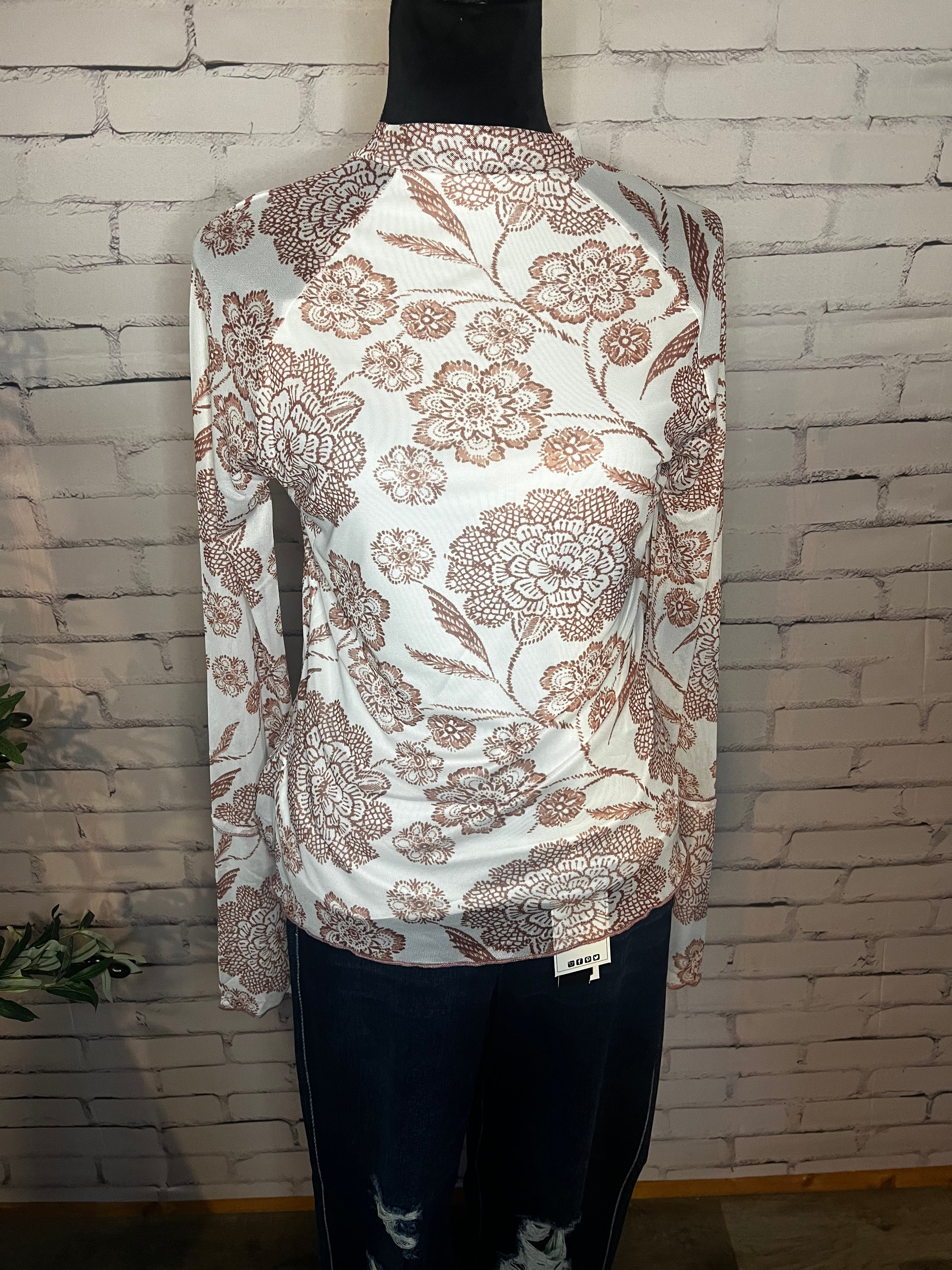 Posey Thumbhole Long Sleeve Floral Print Mesh Top - Brown