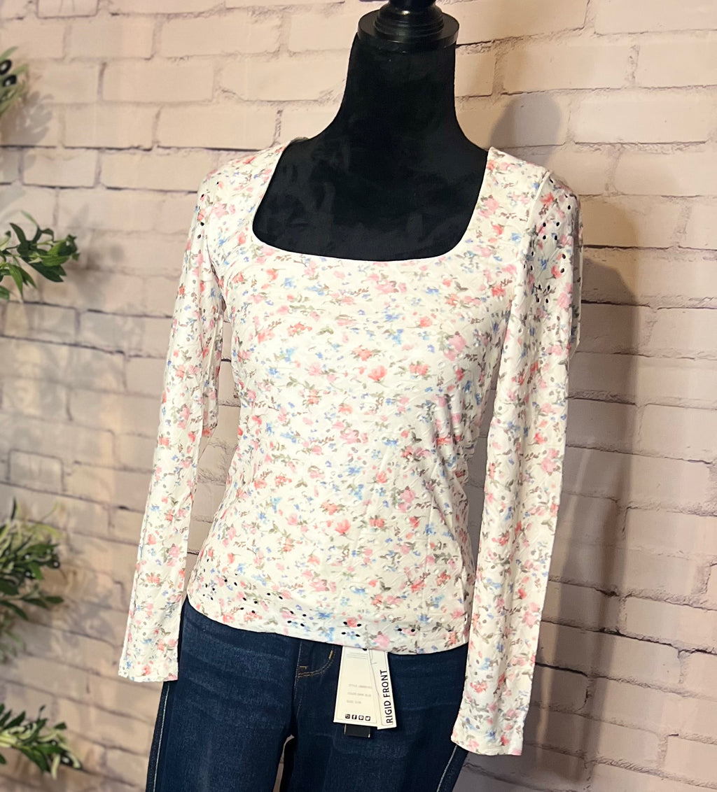 Floral Print Textured Square Neck Long Sleeve Top
