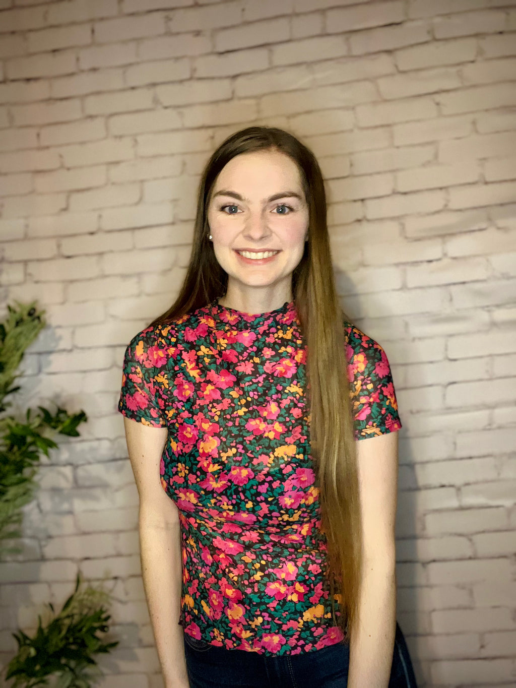 Holly Retro Floral Printed Mesh Short Sleeve Top