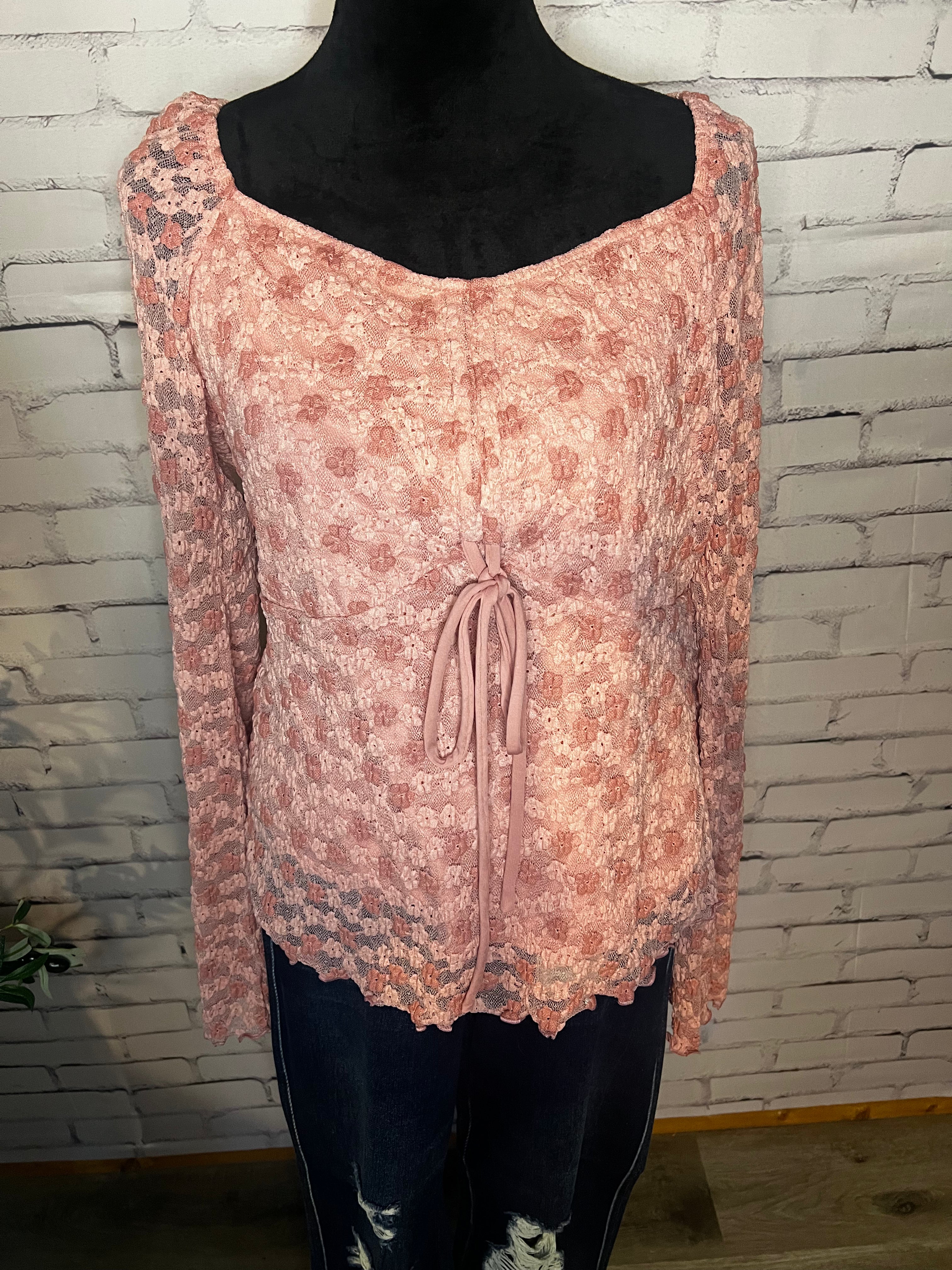 Floral Lace Drawstring Knot Detail Long Sleeve Blouse